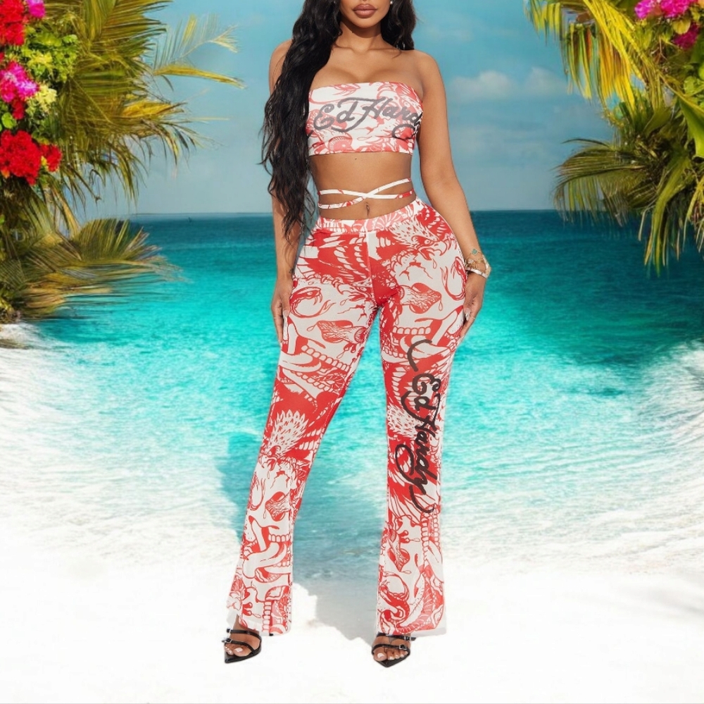 ED HARDY AMOR MESH PANT SET- RED / COMBO SIZE LARGE